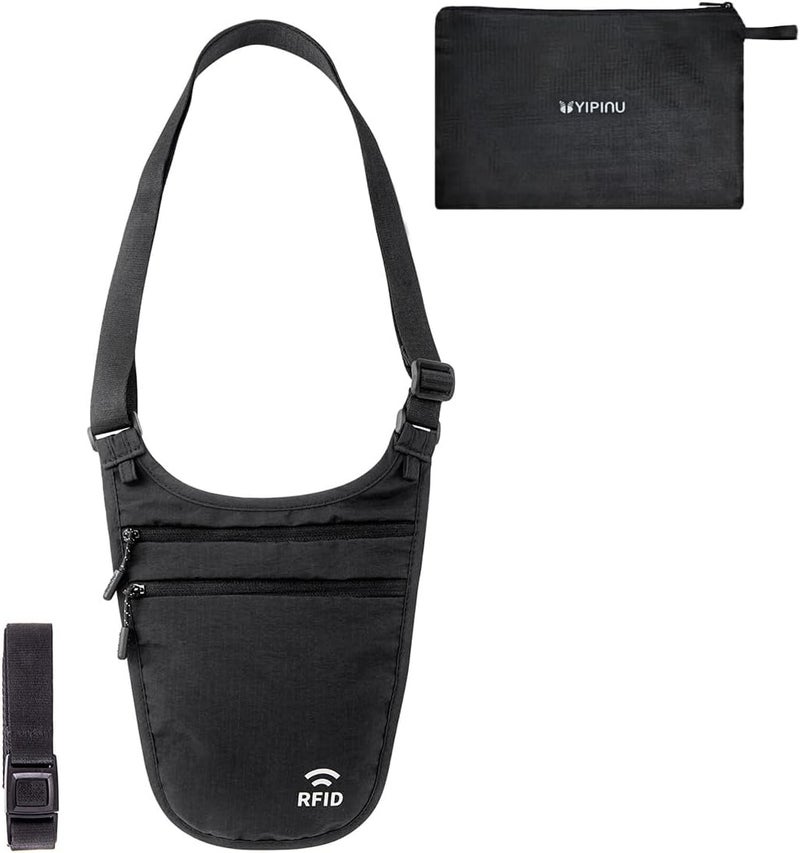 YIPINU Crossbody Money Belt for Travel Women & Men Hidden, Travel Wallet Pouch - Slim Passport Holde, RFID Blocking Neck Wallet Under Clothes to Protect Cash, Credit Cards and Documents (BLACK) - Image 1